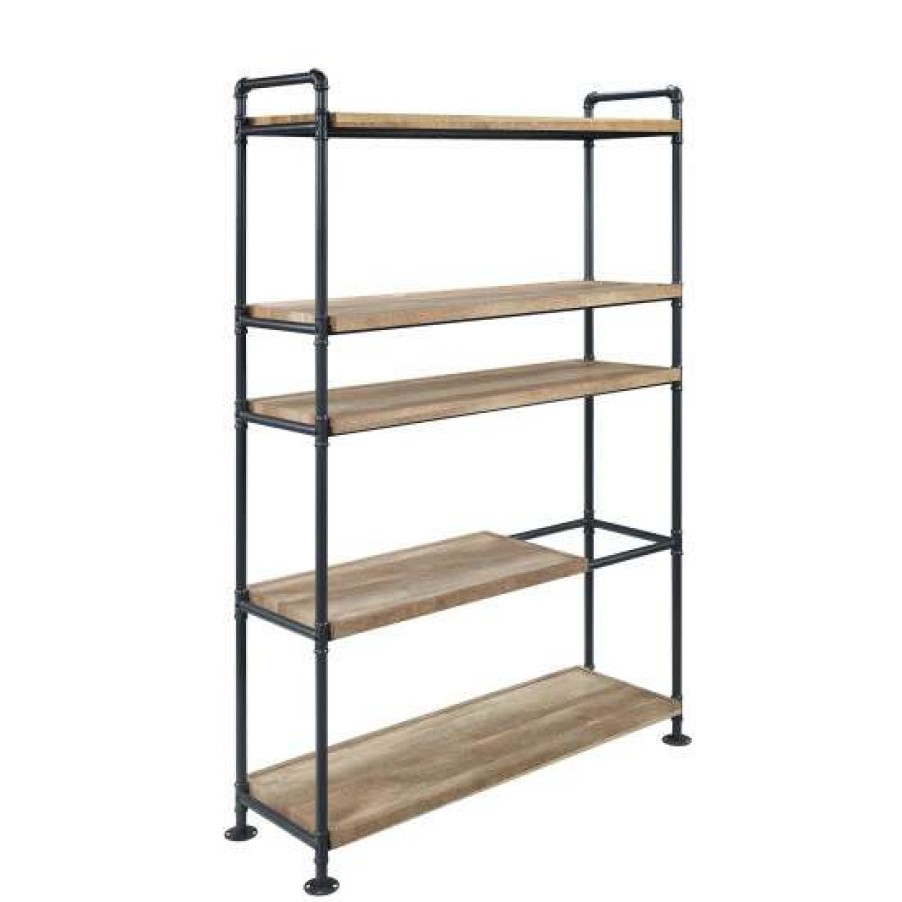 Furniture * | Hot Sale Simple Relax 5 Tier Wood Bookshelf With Metal Frame In Oak And Sandy Black