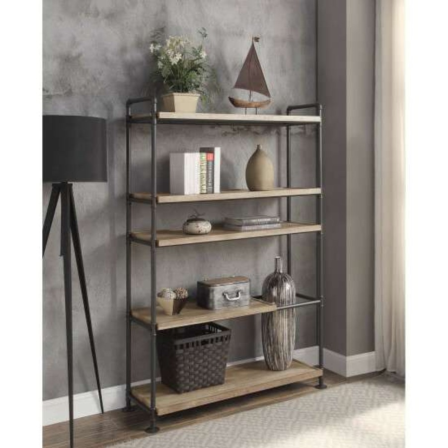 Furniture * | Hot Sale Simple Relax 5 Tier Wood Bookshelf With Metal Frame In Oak And Sandy Black