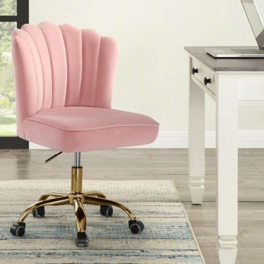 Furniture * | Cheap Simple Relax Office Chair In Channel Tufted Rose Quartz Velvet And Gold