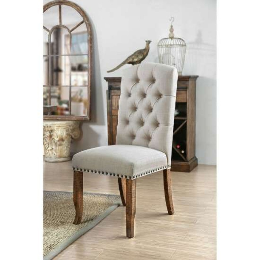 Furniture * | Best Deal Simple Relax Ivory Fabric/ Rustic Oak Finish Wood Tufted Dining Chair (Set Of 2)