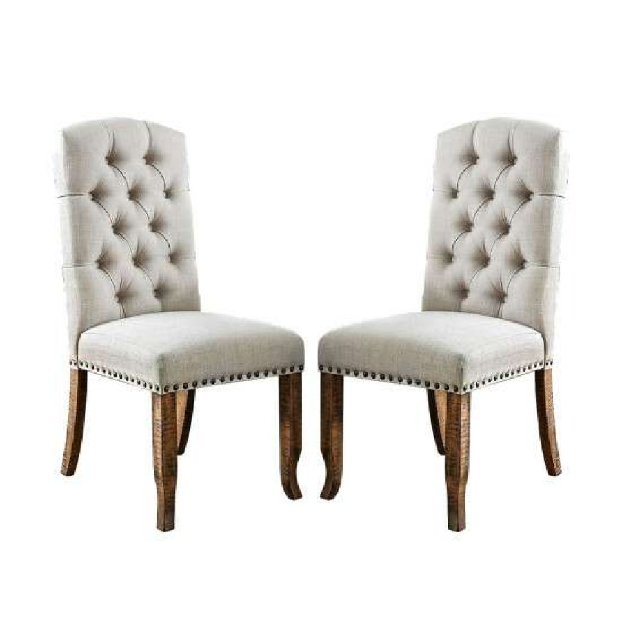 Furniture * | Best Deal Simple Relax Ivory Fabric/ Rustic Oak Finish Wood Tufted Dining Chair (Set Of 2)