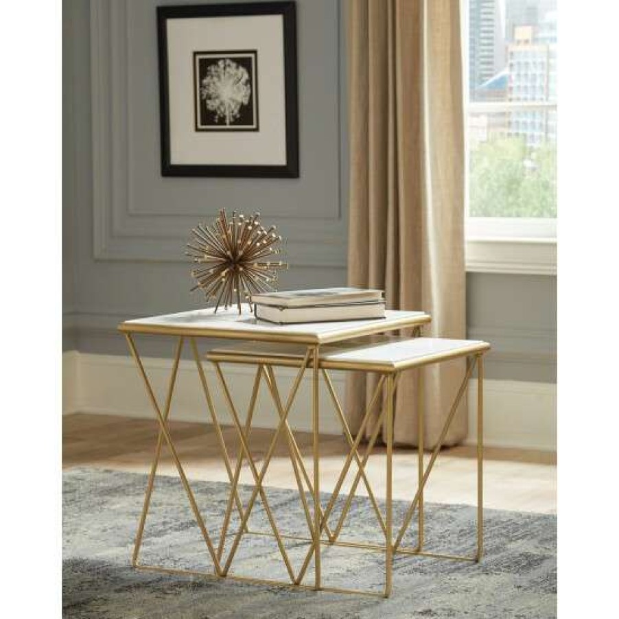 Furniture * | Best Pirce Simple Relax 2 Piece Nesting Table Set In White And Gold