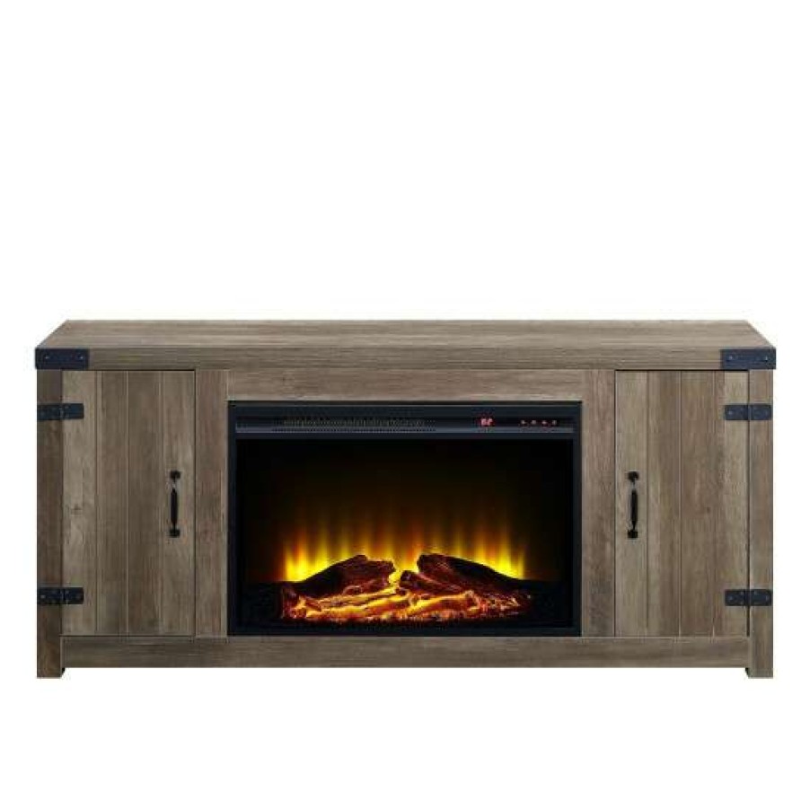 Furniture * | Cheapest Simple Relax Fireplace Table With 2 Doors In Rustic Oak