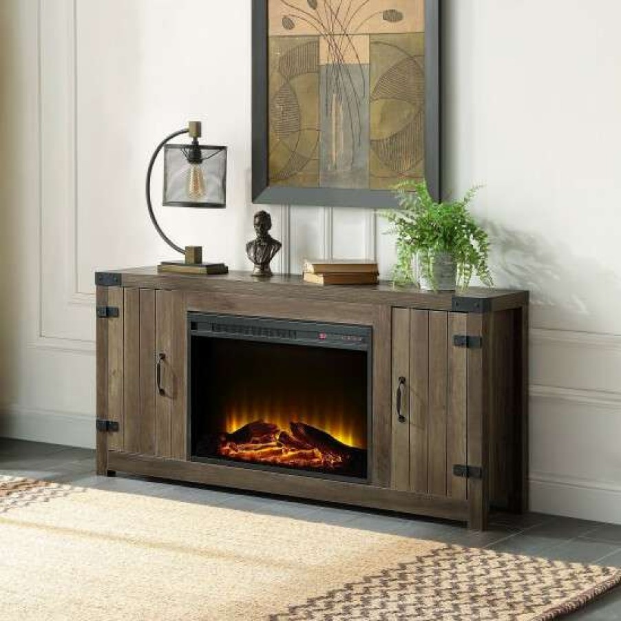 Furniture * | Cheapest Simple Relax Fireplace Table With 2 Doors In Rustic Oak