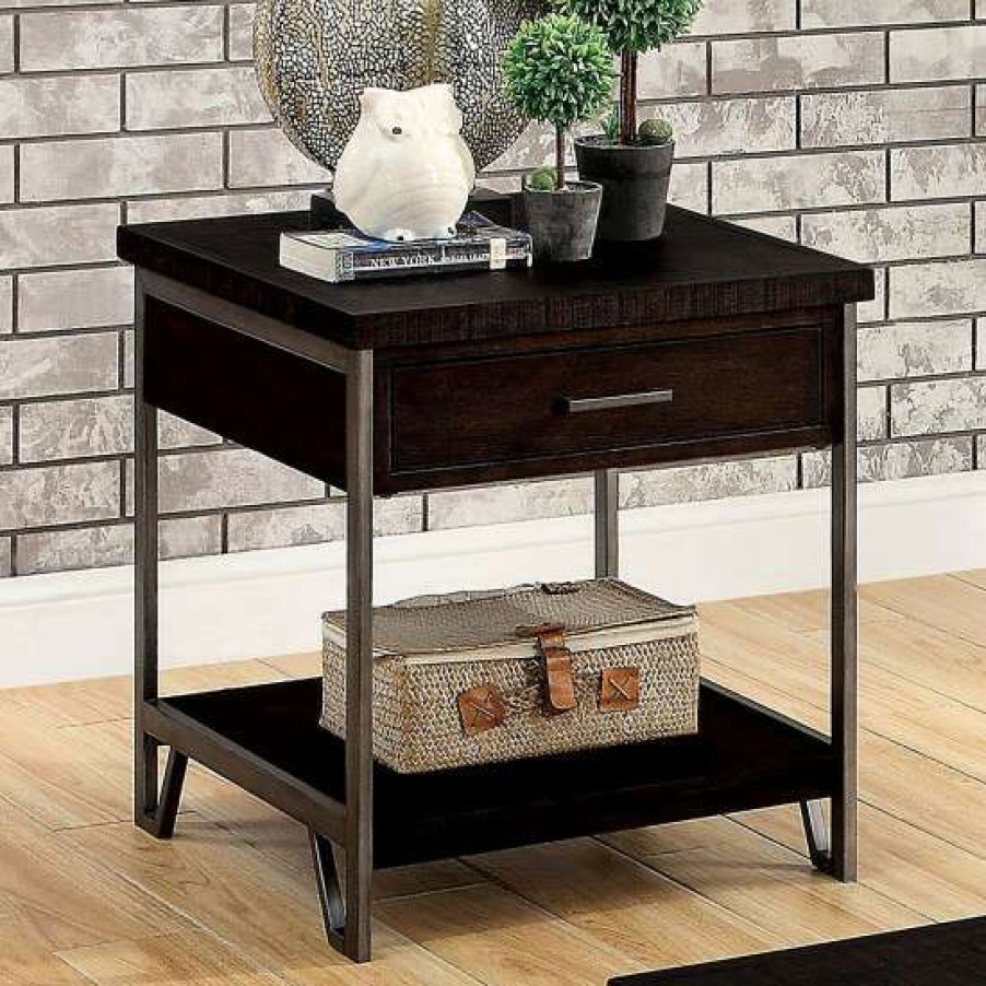 Furniture * | Wholesale Simple Relax End Table With Storage Drawer In Dark Oak