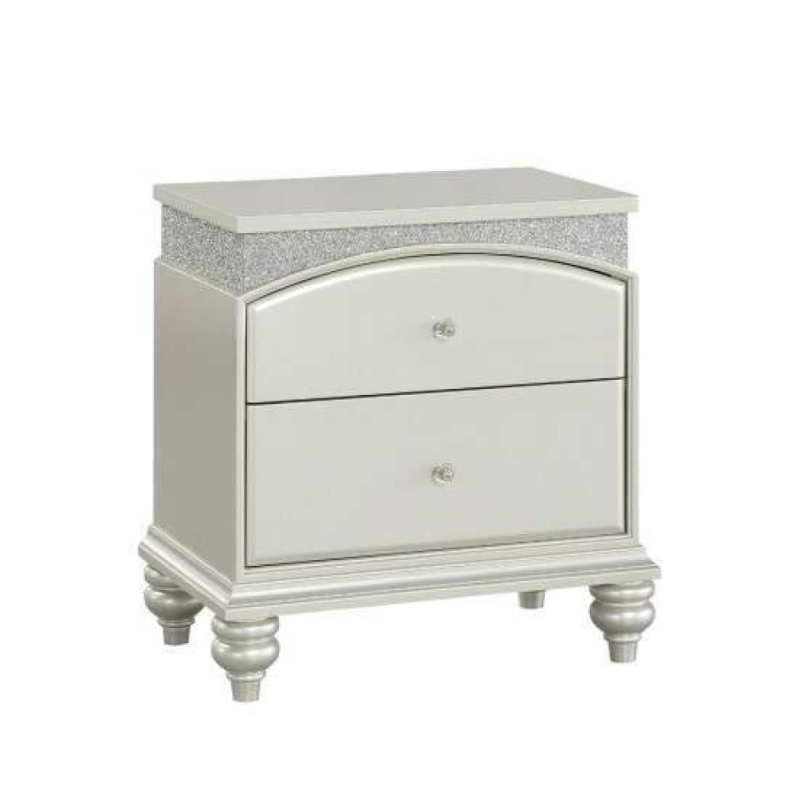 Furniture * | Hot Sale Simple Relax 2 Drawers Nightstand With Sparkling Rhinestones In Platinum Finish