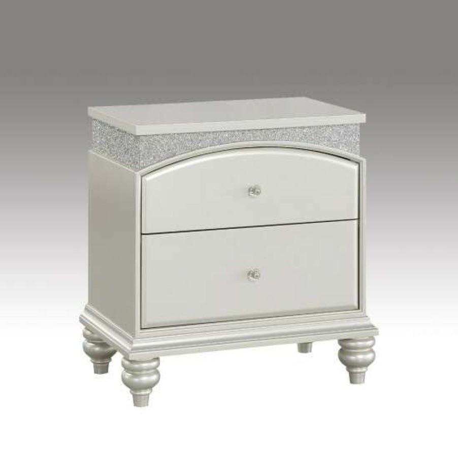 Furniture * | Hot Sale Simple Relax 2 Drawers Nightstand With Sparkling Rhinestones In Platinum Finish