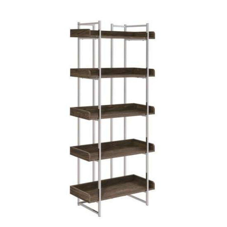 Furniture * | Buy Simple Relax 5 Shelves Wood And Metal Bookcase In Chrome And Walnut Finish