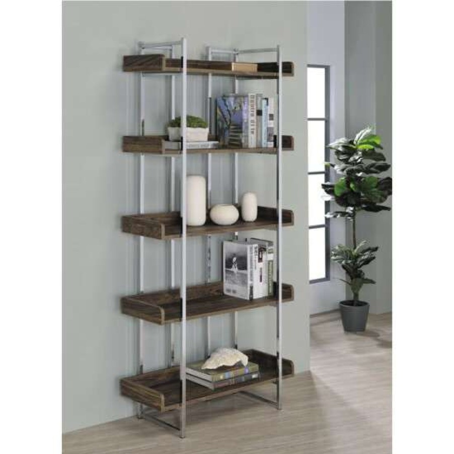 Furniture * | Buy Simple Relax 5 Shelves Wood And Metal Bookcase In Chrome And Walnut Finish