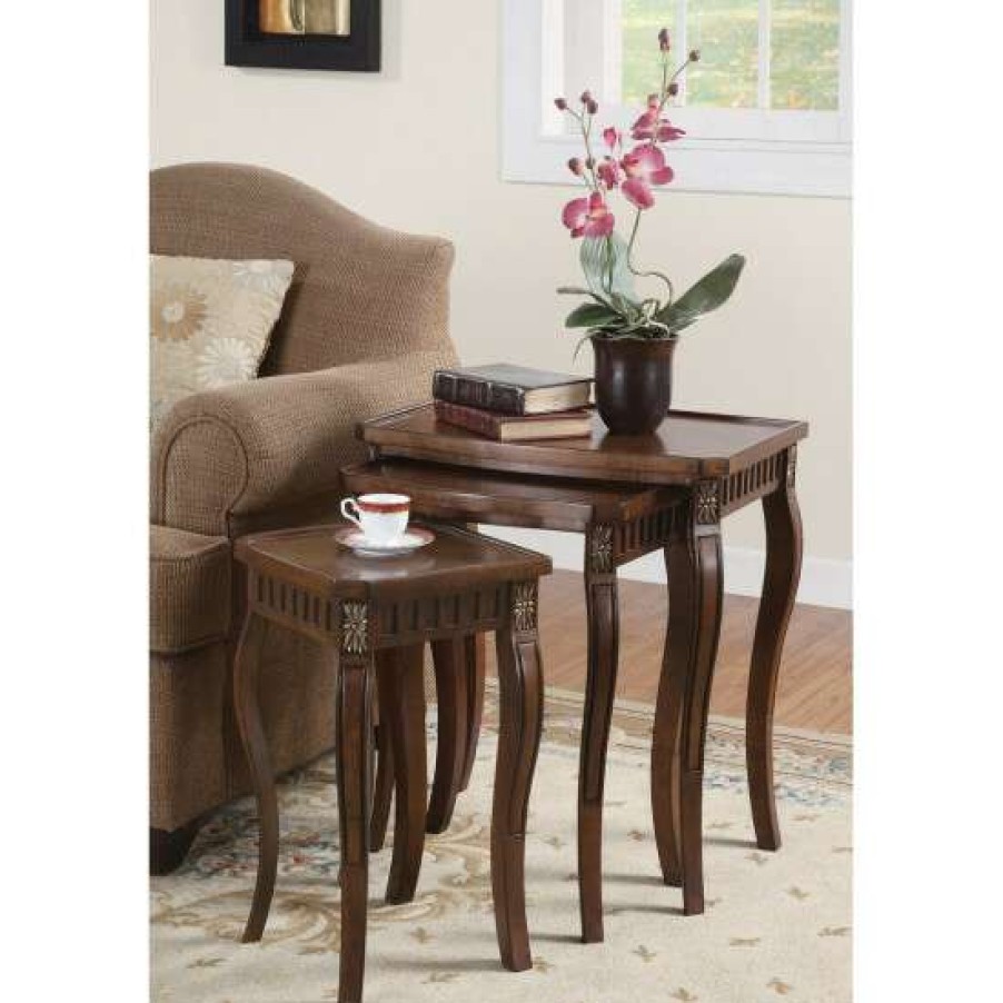 Furniture * | Best Deal Simple Relax 3 Piece Nesting Table Set With Curved Leg In Warm Brown