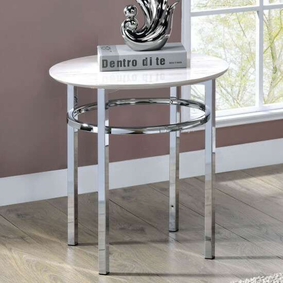 Furniture * | Brand New Simple Relax Faux Marble And Metal Round End Table In White And Chrome