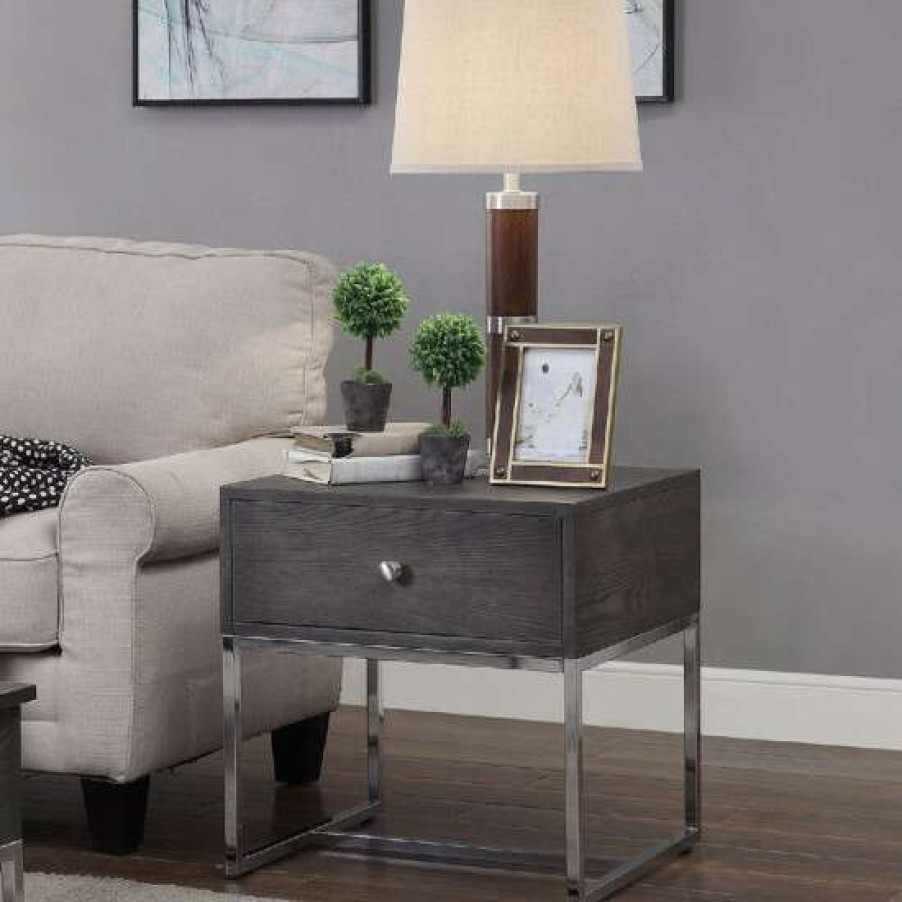 Furniture * | Top 10 Simple Relax Wood End Table With A Drawer In Gray Oak And Chrome