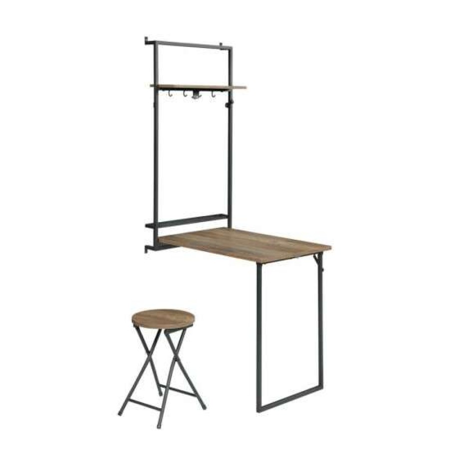 Furniture * | Promo Simple Relax Wood Wall Desk With Stool In Rustic Oak And Sandy Black