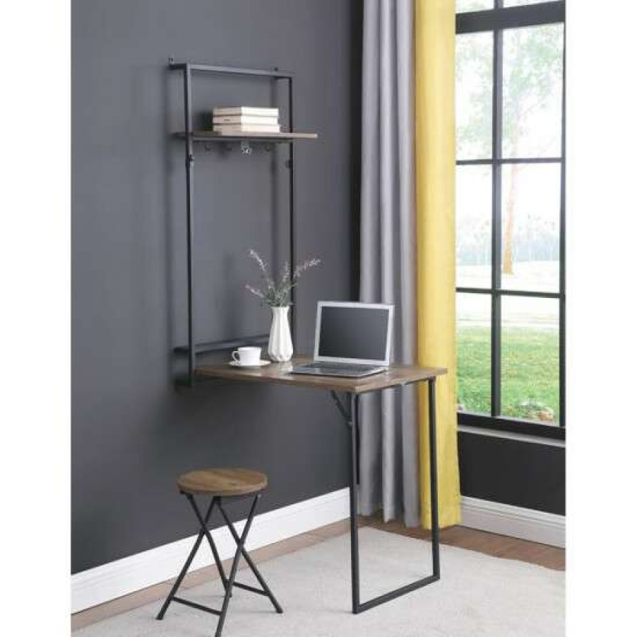 Furniture * | Promo Simple Relax Wood Wall Desk With Stool In Rustic Oak And Sandy Black