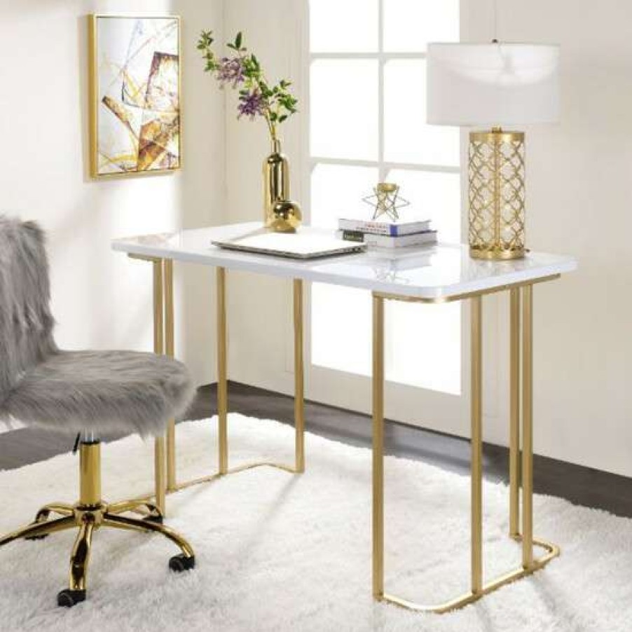 Furniture * | Deals Simple Relax Writing Desk With Gold Base In White