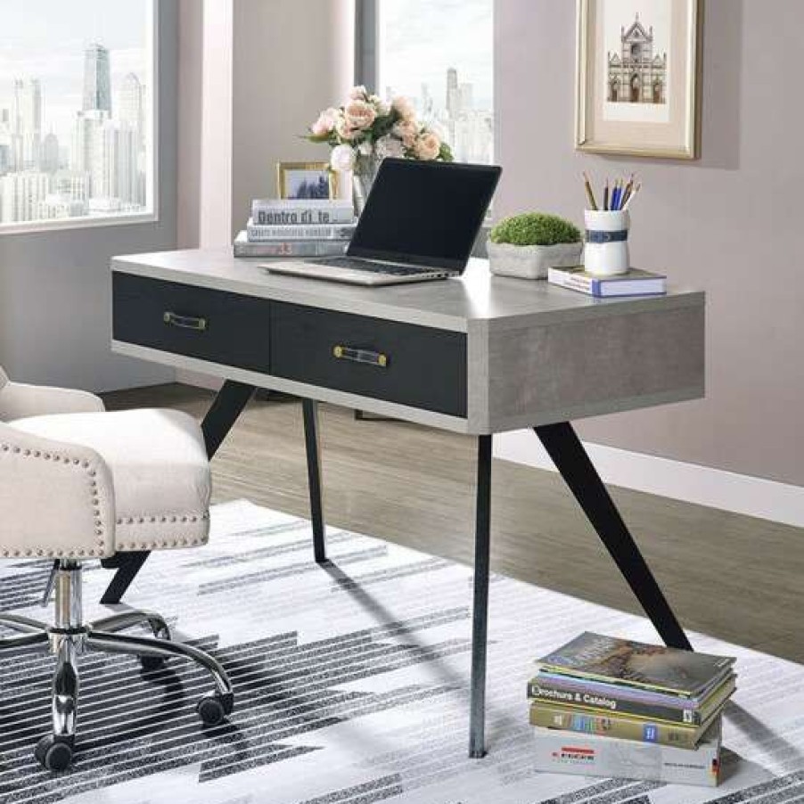 Furniture * | Deals Simple Relax 2 Drawers Writing Desk In Faux Concrete And Black Finish