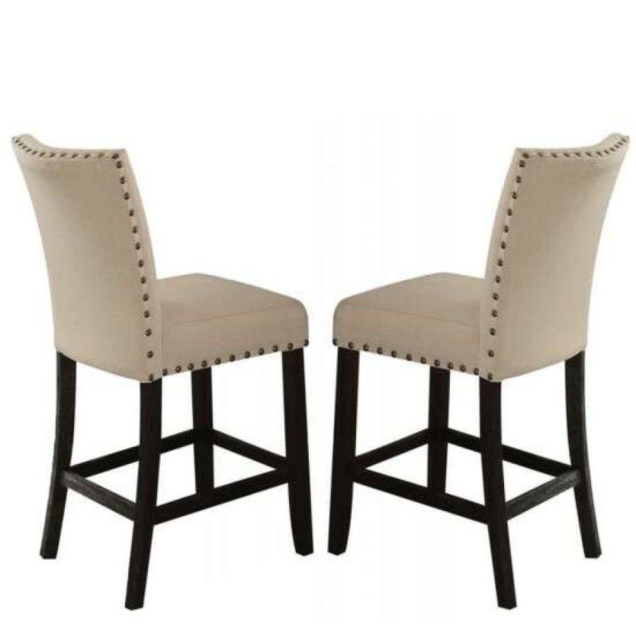 Furniture * | Budget Simple Relax Set Of 2 Beige Linen Counter Height Chair In Salvage Dark Oak Finish