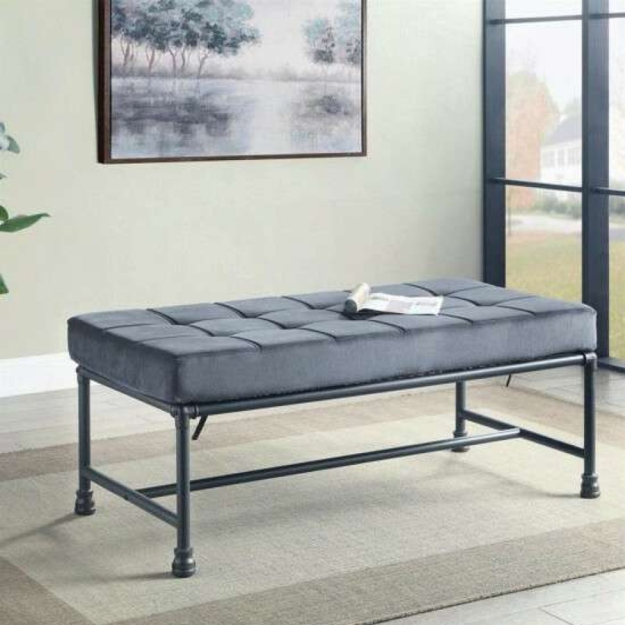 Furniture * | Best Deal Simple Relax Metal Frame Bench In Gray Velvet And Sandy Gray