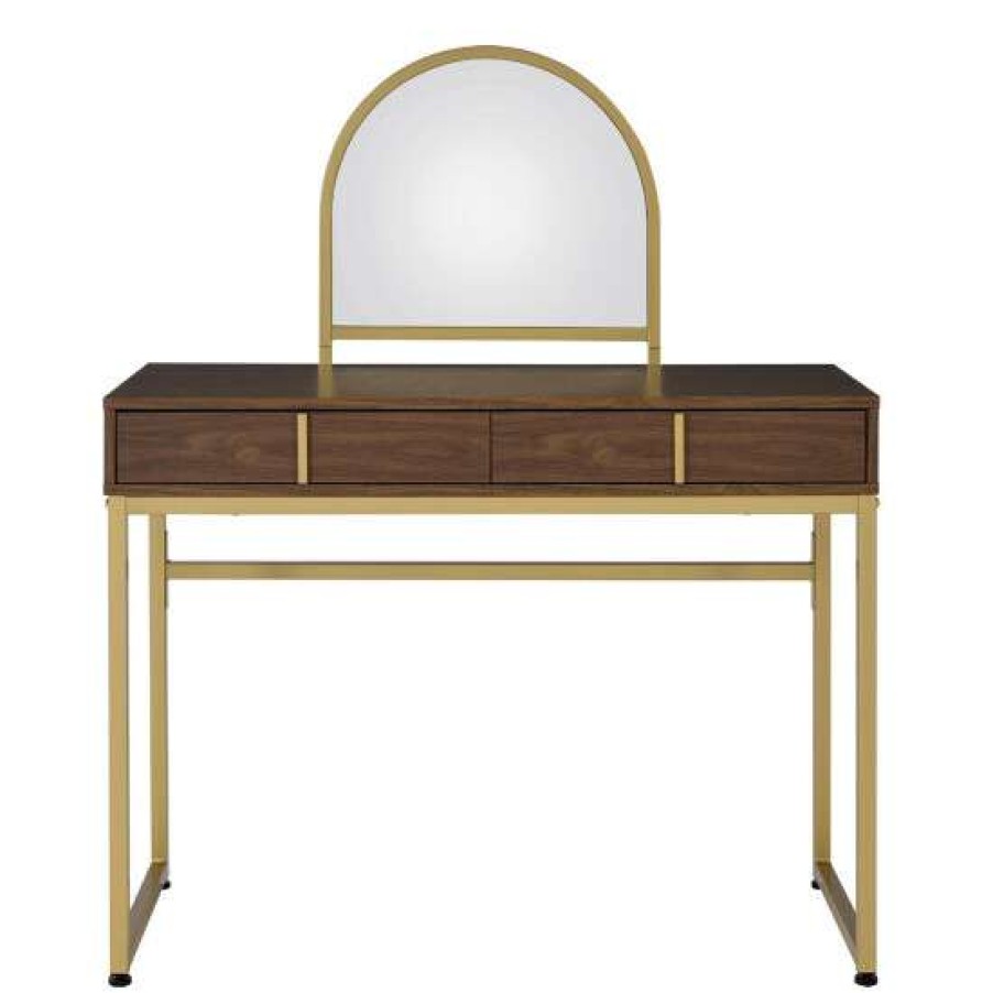 Furniture * | Hot Sale Simple Relax 2 Drawers Vanity Desk With Mirror In Walnut And Gold