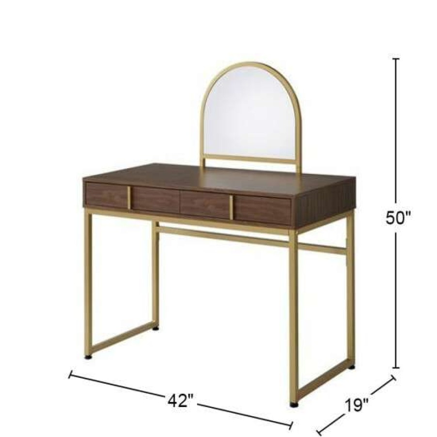 Furniture * | Hot Sale Simple Relax 2 Drawers Vanity Desk With Mirror In Walnut And Gold