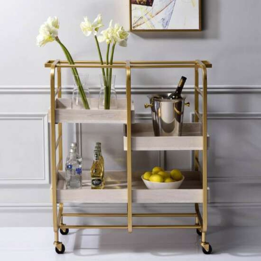 Kitchen & Dining * | New Simple Relax Wood Serving Cart With 2 Shelves In Gold And White-Washed