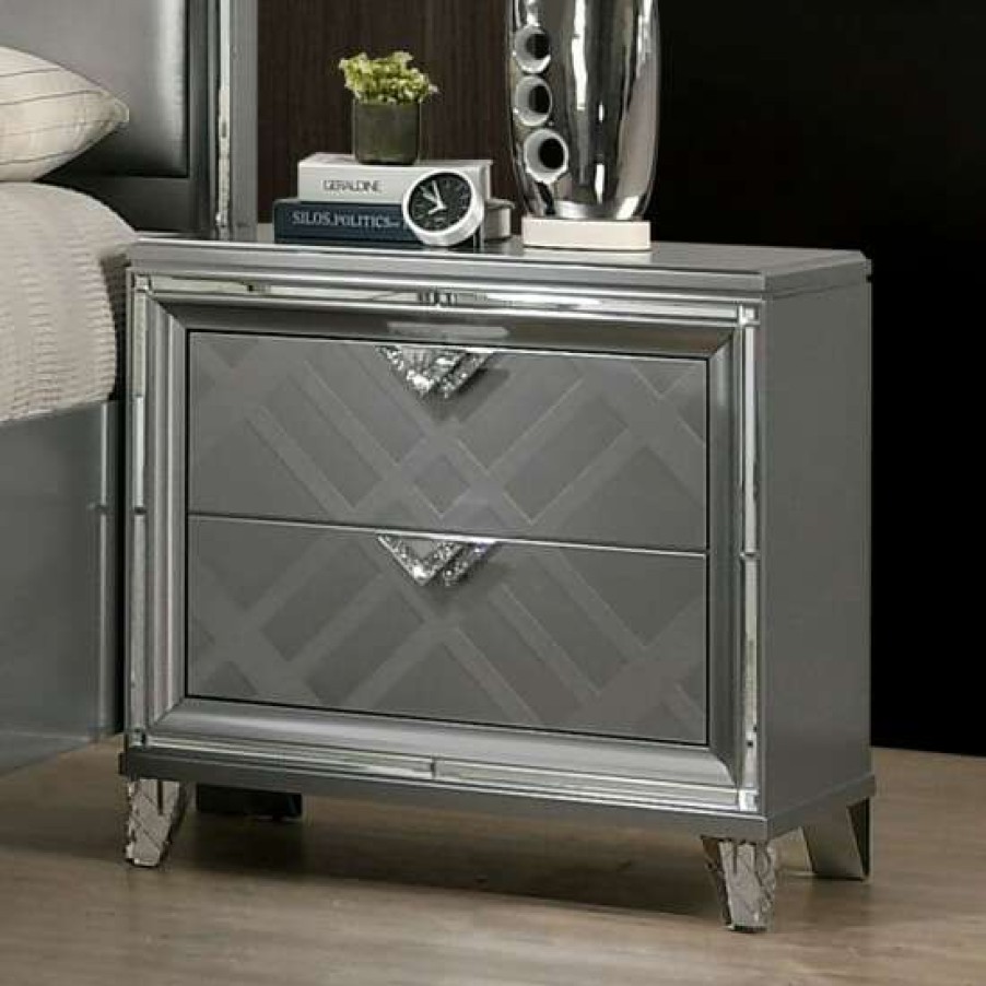 Furniture * | Best Sale Simple Relax Mirror And Wood Nightstand With 2 Drawers In Silver Finish