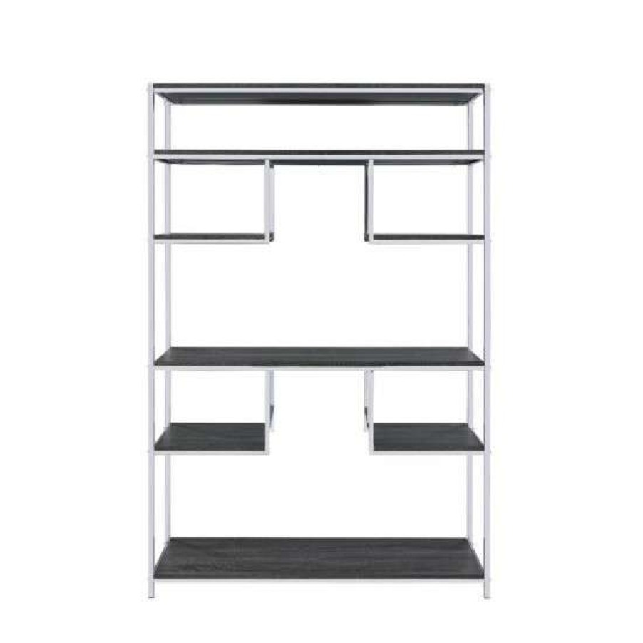 Furniture * | Top 10 Simple Relax Rectangular Bookshelf With Wooden Shelves In Rustic Gray Oak And Chrome