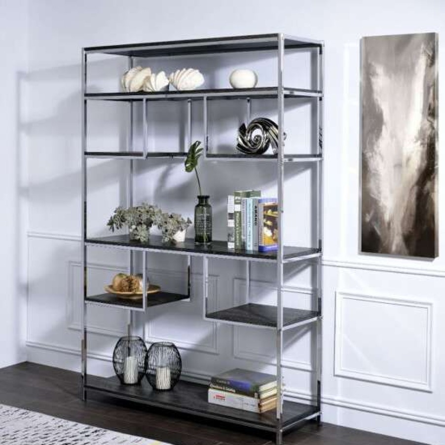 Furniture * | Top 10 Simple Relax Rectangular Bookshelf With Wooden Shelves In Rustic Gray Oak And Chrome