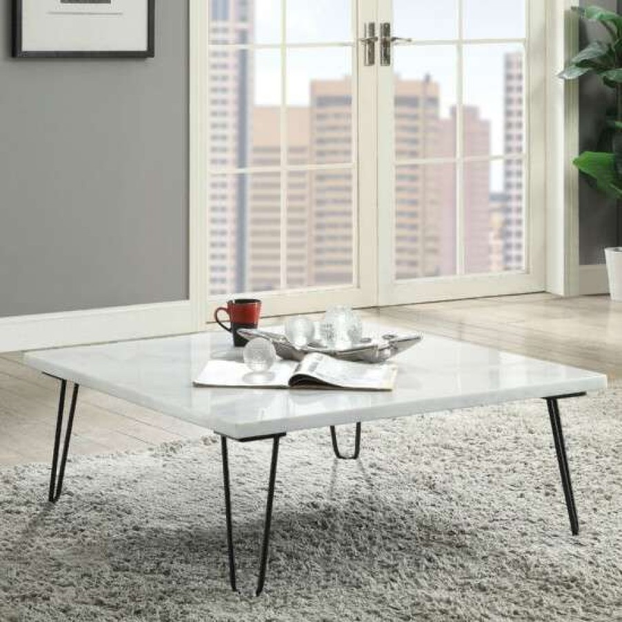 Furniture * | Promo Simple Relax Square Marble Coffee Table In White And Black Finish