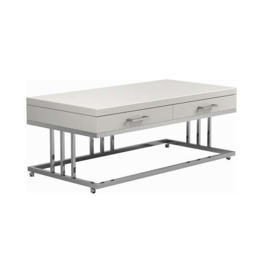 Furniture * | Hot Sale Simple Relax Rectangular Coffee Table With 2 Drawer In Glossy White