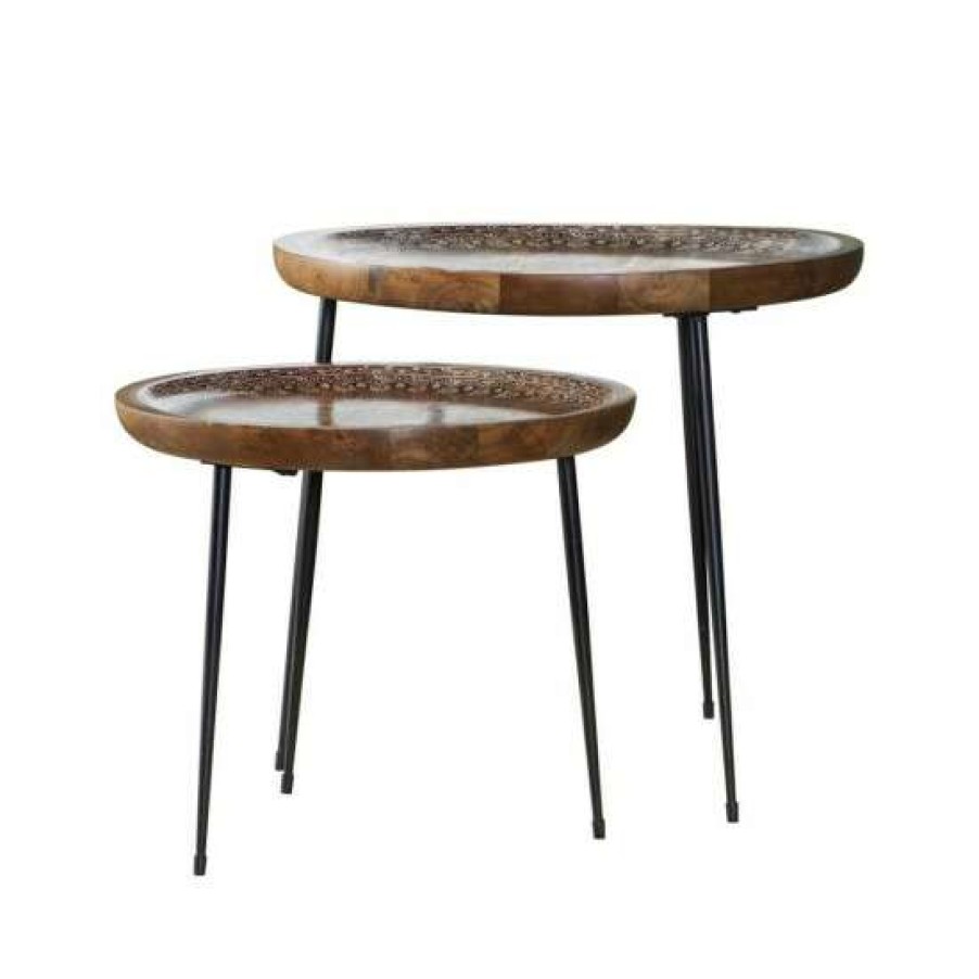 Furniture * | Wholesale Simple Relax 2 Piece Round Nesting Table With Metal Legs In Honey And Black