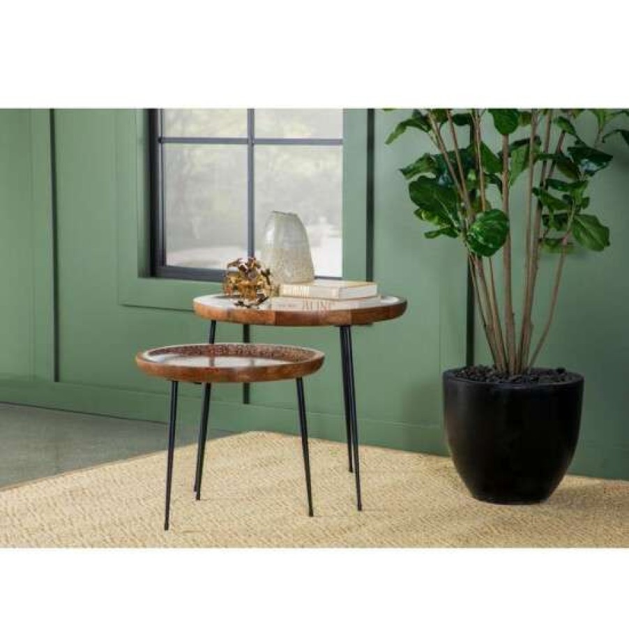 Furniture * | Wholesale Simple Relax 2 Piece Round Nesting Table With Metal Legs In Honey And Black