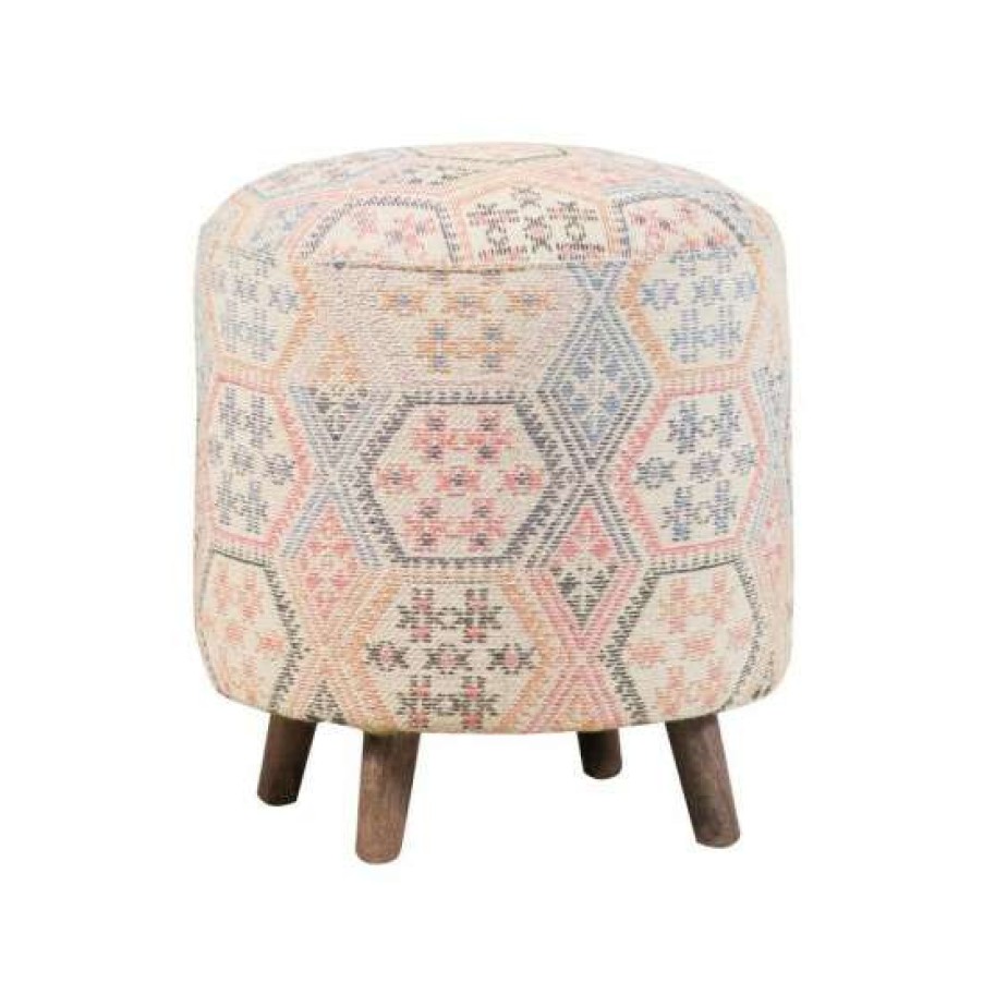 Furniture * | Best Deal Simple Relax Pattern Round Accent Stool With Wood Legs In Multi-Color