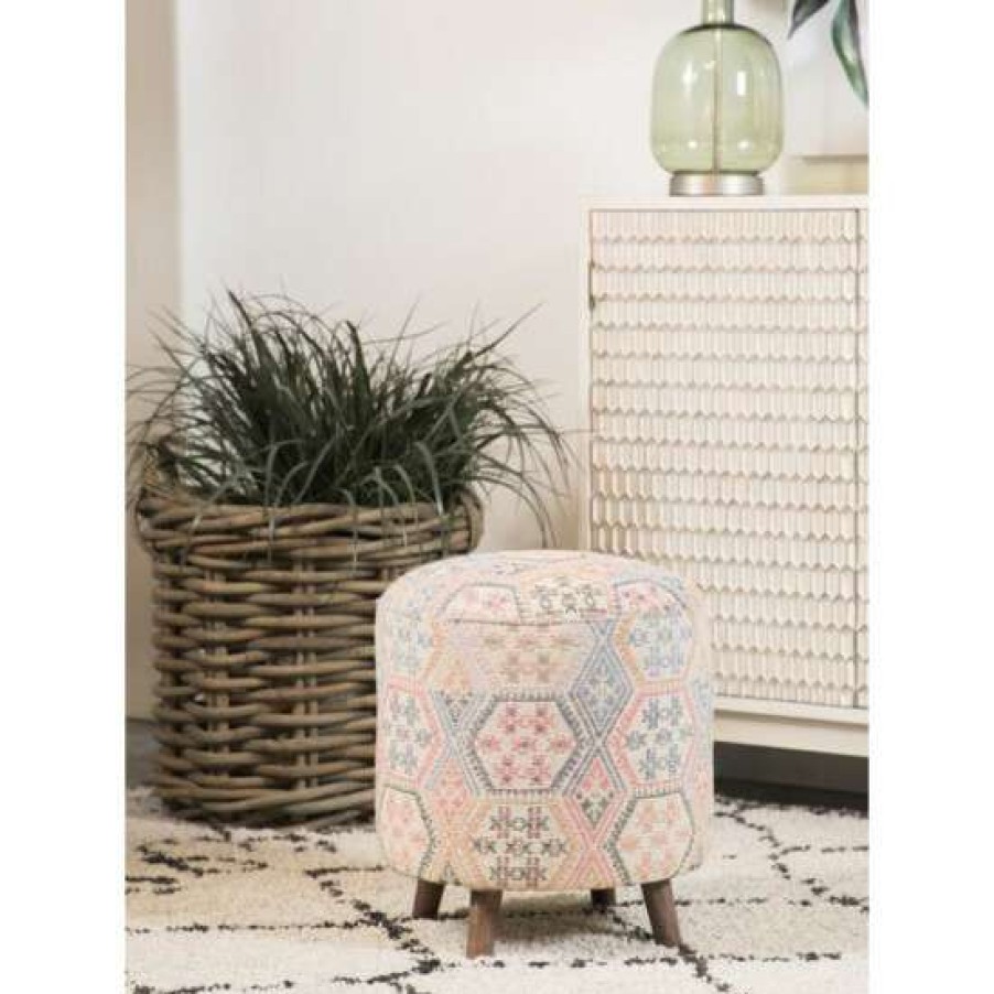 Furniture * | Best Deal Simple Relax Pattern Round Accent Stool With Wood Legs In Multi-Color