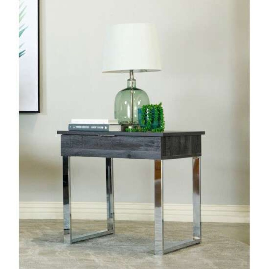 Furniture * | Coupon Simple Relax 1 Drawer End Table With Metal Legs In Dark Charcoal And Chrome