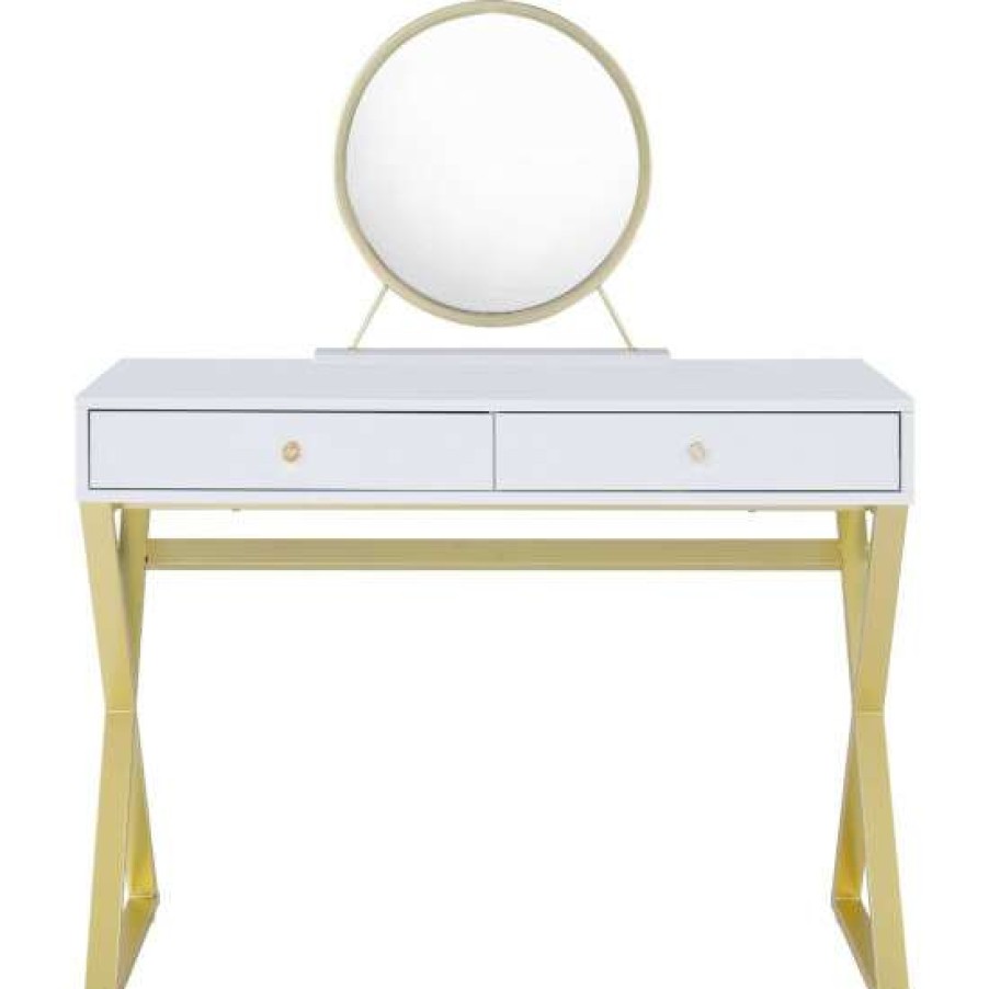 Furniture * | Best Reviews Of Simple Relax Metal Base Vanity Set With Mirror In White And Gold