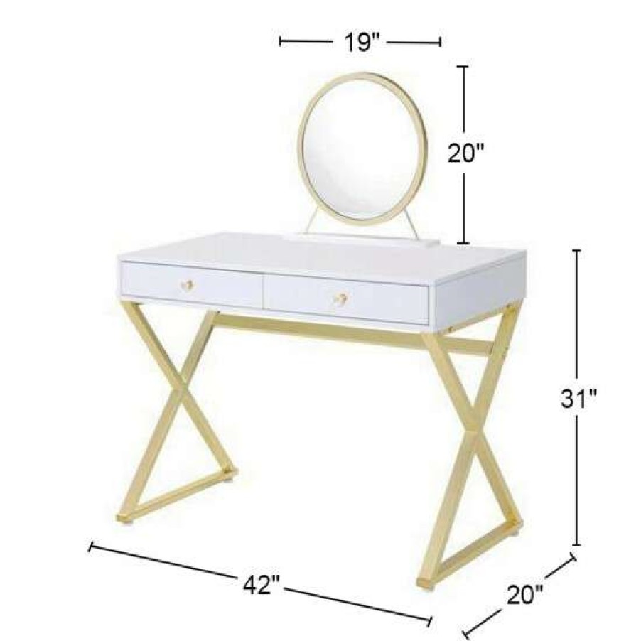 Furniture * | Best Reviews Of Simple Relax Metal Base Vanity Set With Mirror In White And Gold