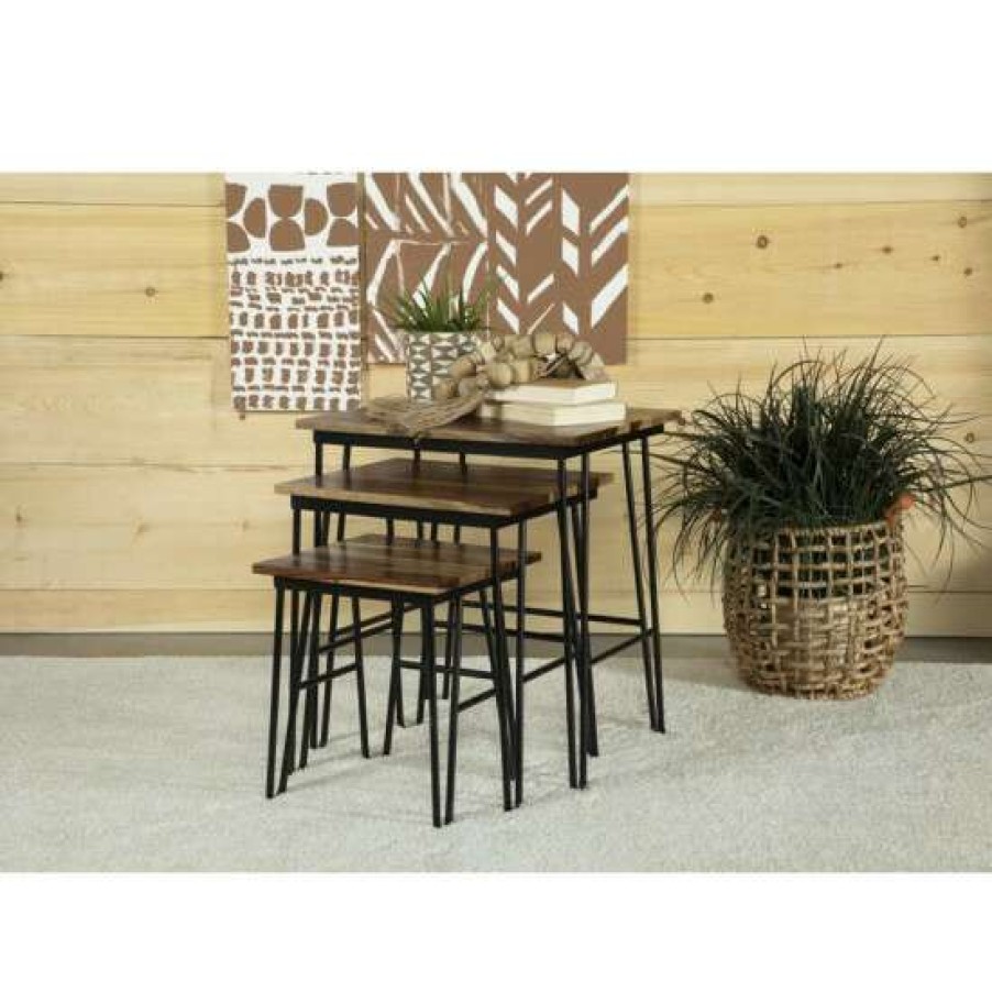 Furniture * | Cheapest Simple Relax 3 Piece Nesting Table With Metal Legs In Natural And Black