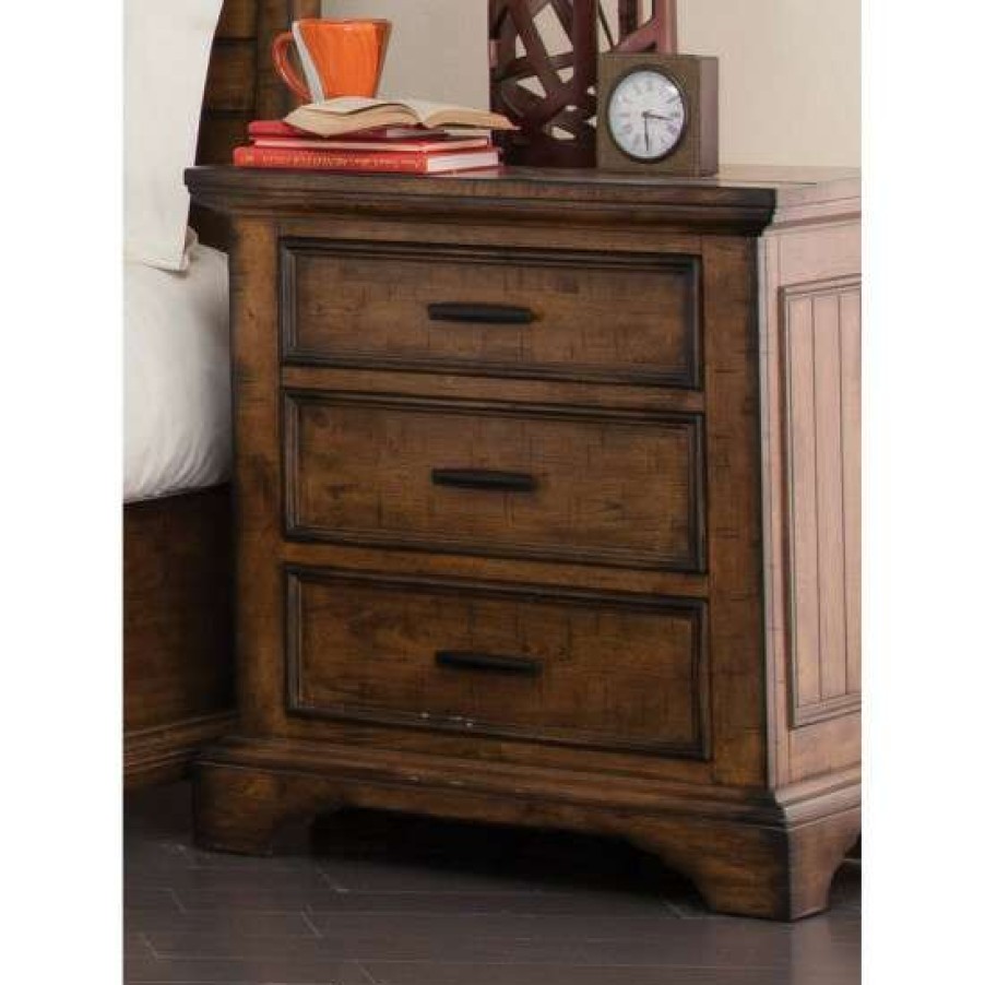 Furniture * | Hot Sale Simple Relax Wood Nightstand With 3 Drawers In Vintage Bourbon