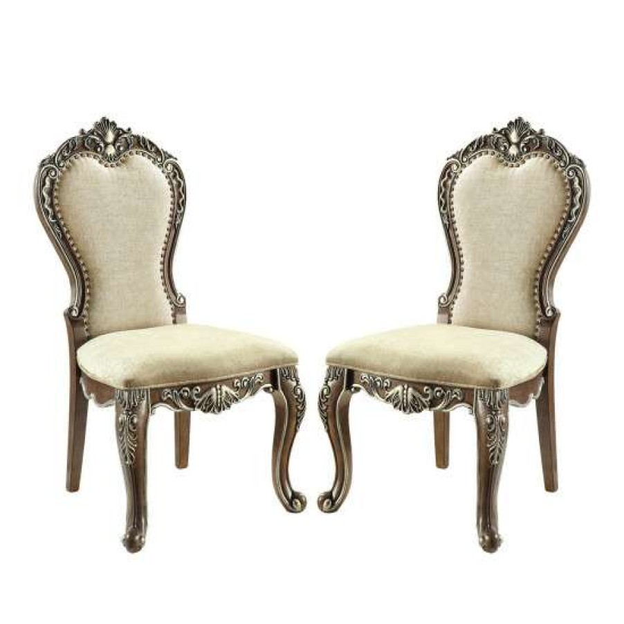 Furniture * | Wholesale Simple Relax Set Of 2 Chenille Padded Dining Side Chair In Antique Oak And Beige