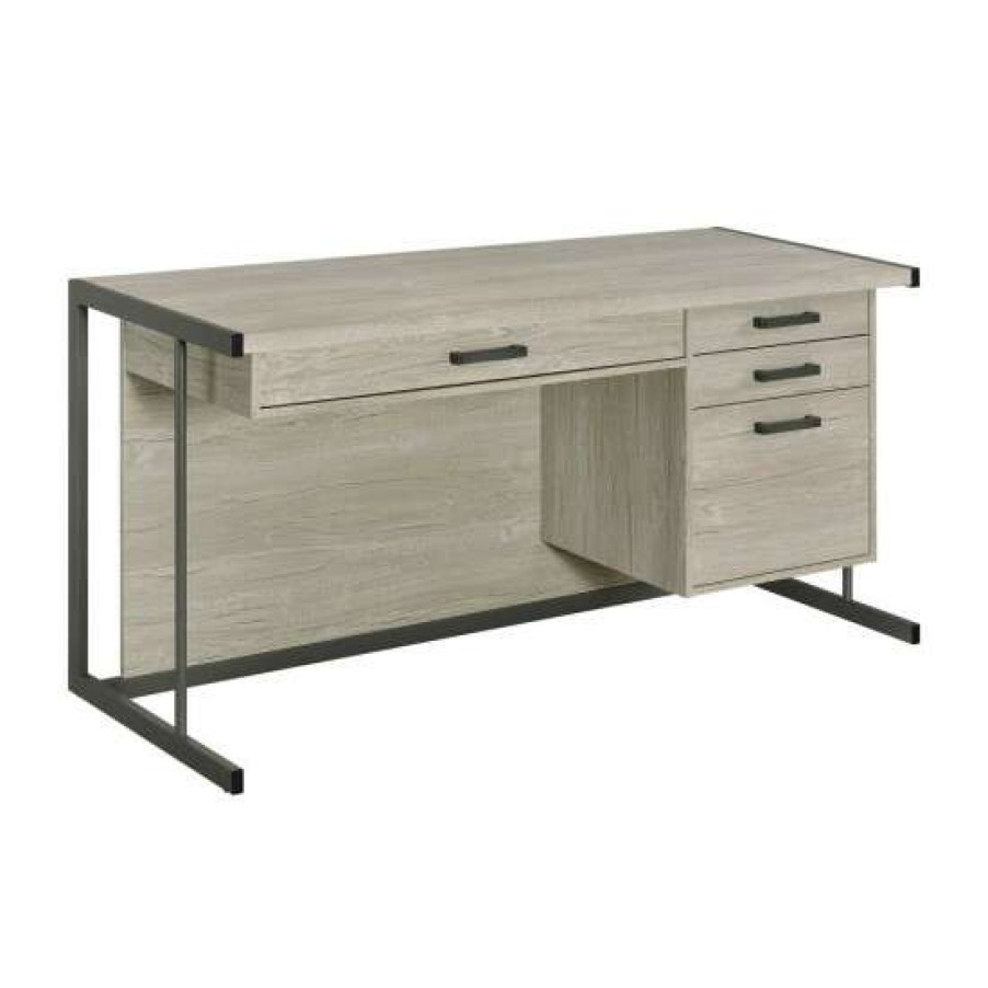 Furniture * | Cheapest Simple Relax 4-Drawer Office Desk With Wood Surface And Metal Frame In Whitewashed Grey And Black