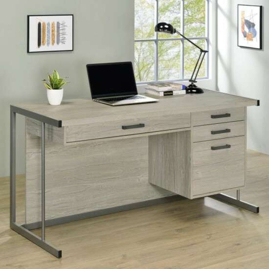 Furniture * | Cheapest Simple Relax 4-Drawer Office Desk With Wood Surface And Metal Frame In Whitewashed Grey And Black