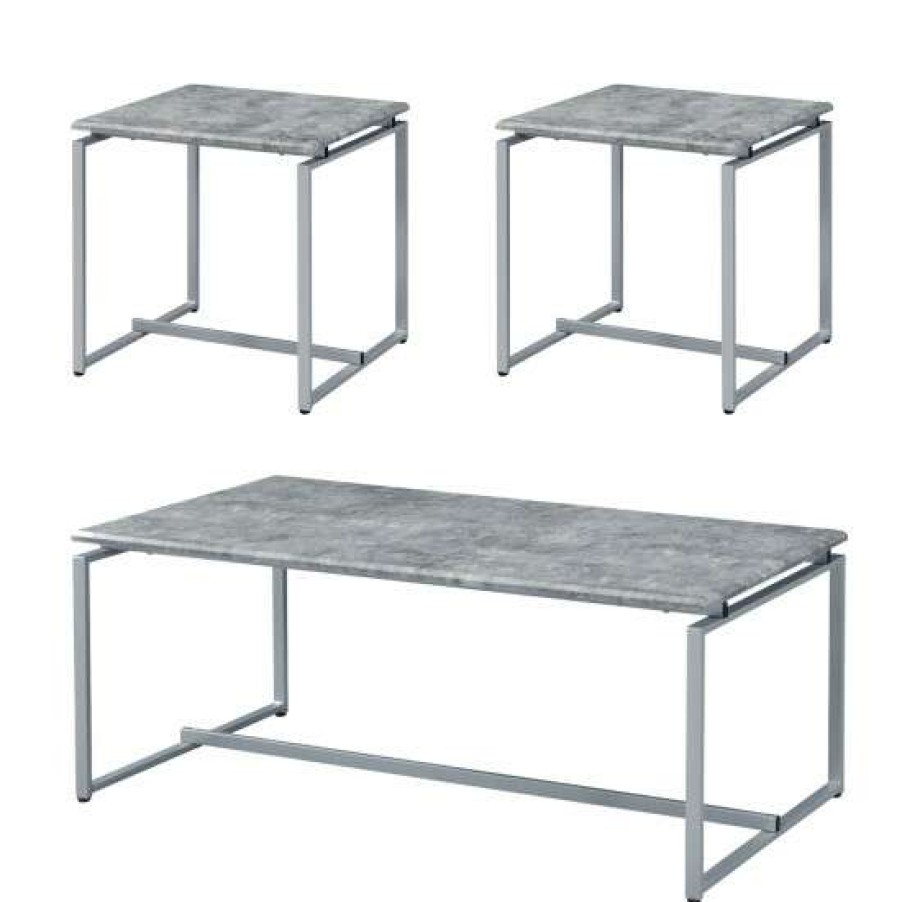 Furniture * | New Simple Relax 3 Piece Pack Coffee And End Table Set In Faux Concrete Top And Silver