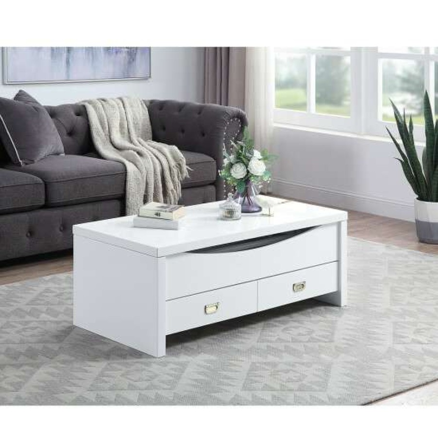 Furniture * | Outlet Simple Relax 2 Drawers Coffee Table With Lift Top In High Gloss White Finish