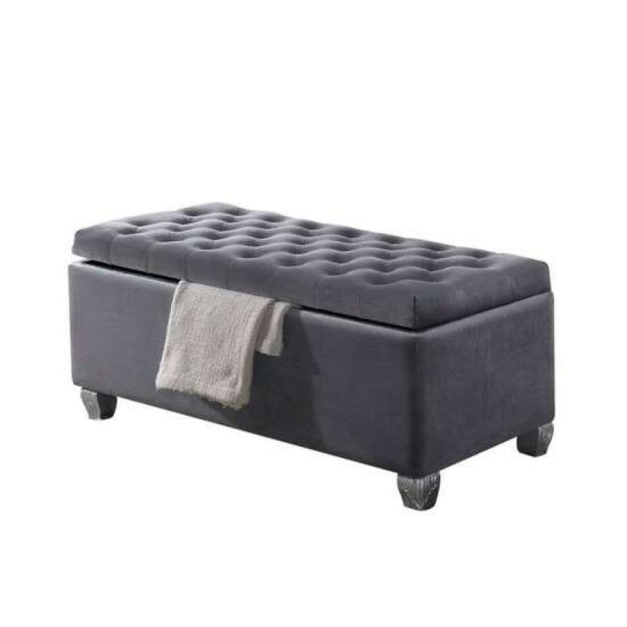 Furniture * | Buy Simple Relax Button Tufted Cushion Bench With Storage In Gray Velvet