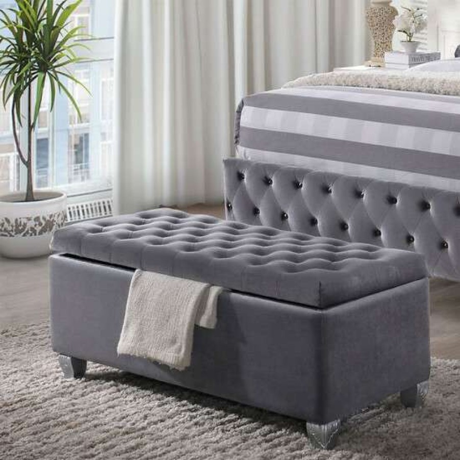 Furniture * | Buy Simple Relax Button Tufted Cushion Bench With Storage In Gray Velvet