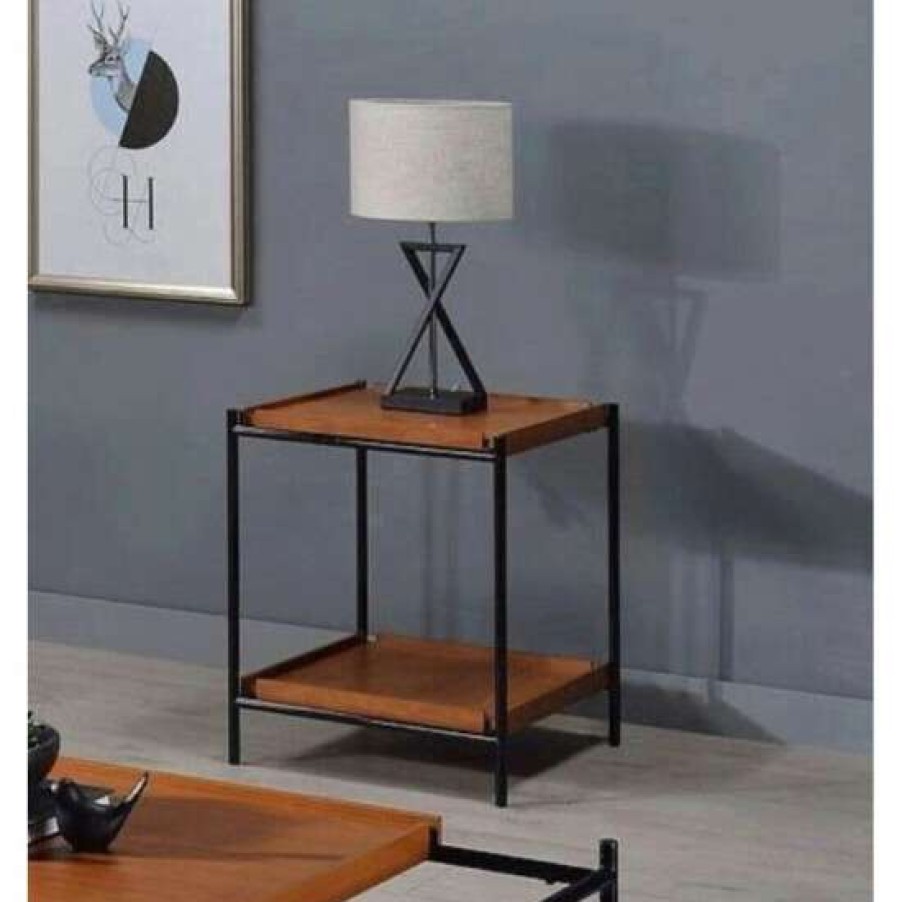 Furniture * | Cheap Simple Relax Wooden End Table With Metal Frame In Honey Oak And Black