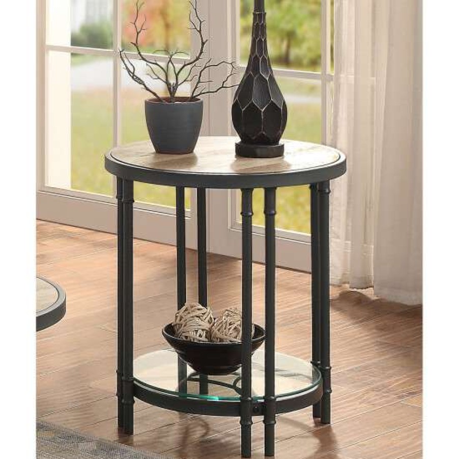 Furniture * | Flash Sale Simple Relax Round End Table With Open Shelf In Oak And Sandy Black