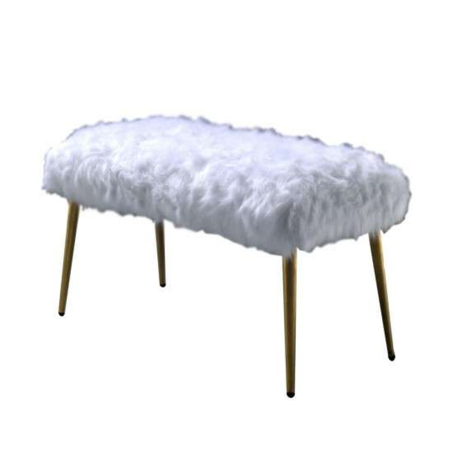 Furniture * | Buy Simple Relax Metal Tube Bench With Faux Fur Cushion In Gold Finish