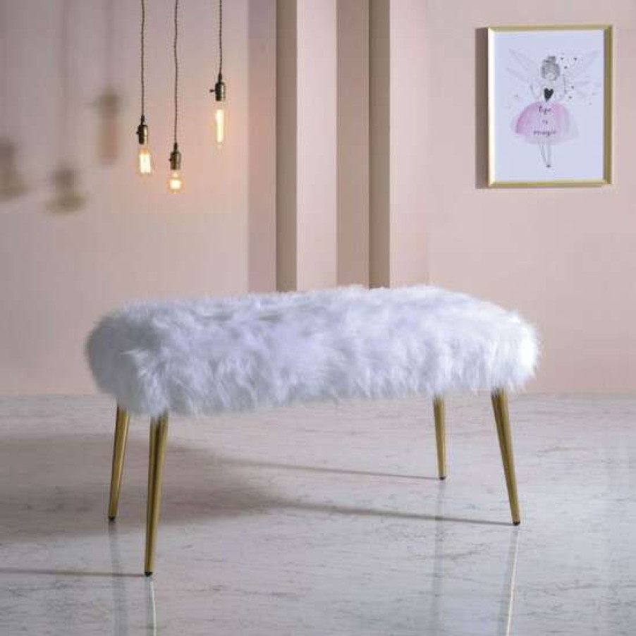 Furniture * | Buy Simple Relax Metal Tube Bench With Faux Fur Cushion In Gold Finish